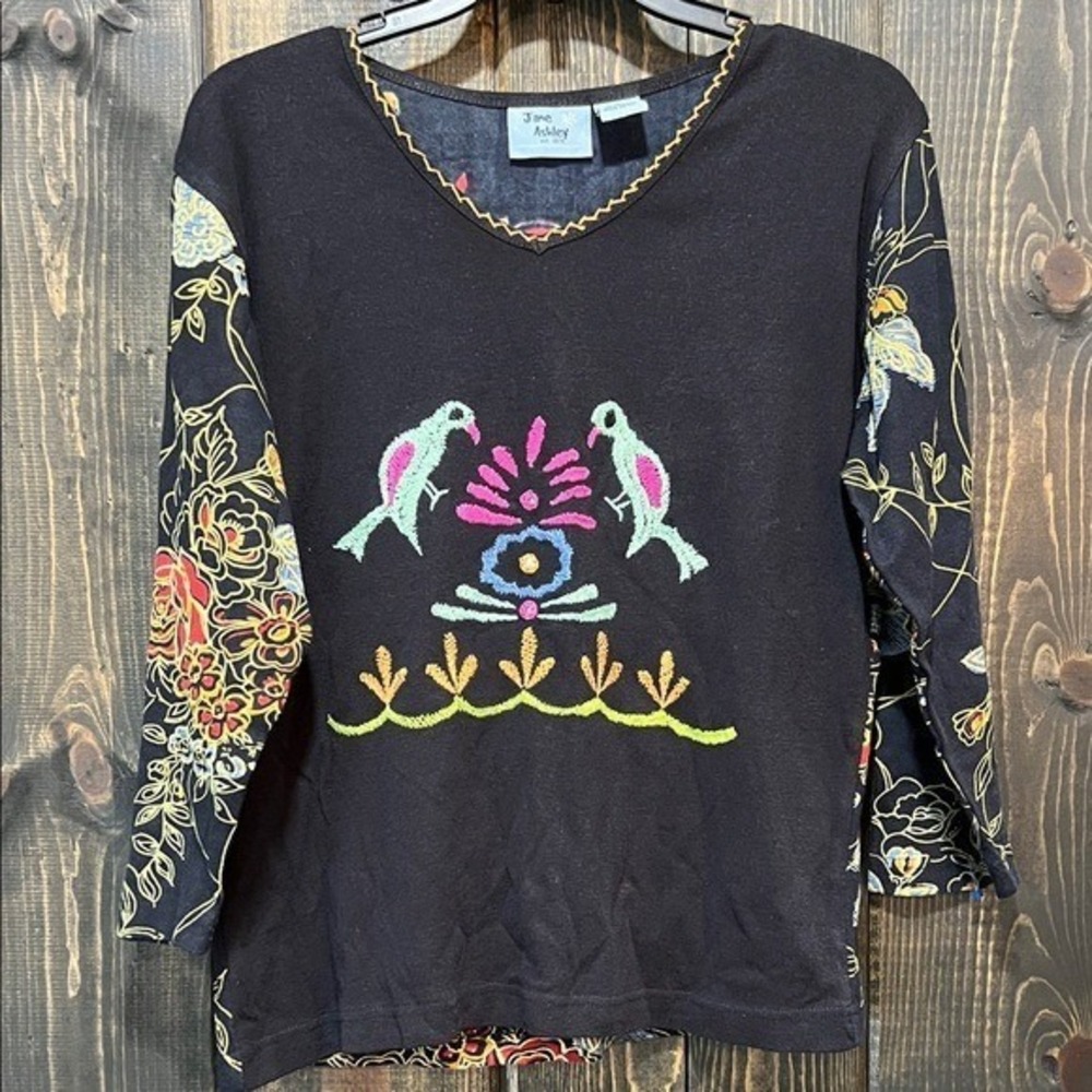 Jane Ashley Black Bird Embroidered Sweater S‎ Artsy Floral Teacher Grandmacore